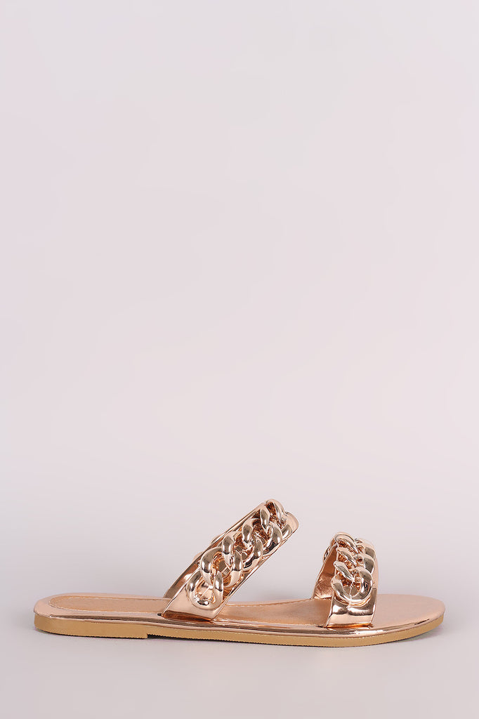 Metallic Double Band Chain Embellished Slip-On Flat Sandal