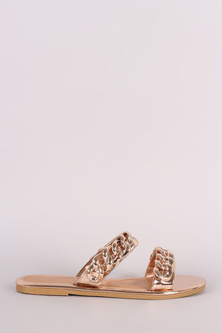 Metallic Double Band Chain Embellished Slip-On Flat Sandal