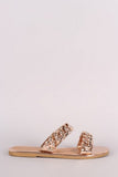 Metallic Double Band Chain Embellished Slip-On Flat Sandal