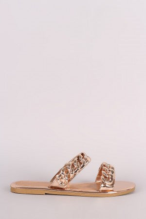 Metallic Double Band Chain Embellished Slip-On Flat Sandal