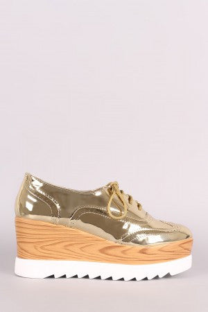 Perforated Patent Lug Sole Lace Up Oxford Platform Wedge