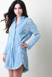 Distressed Denim Button Up Frayed Shirt Dress
