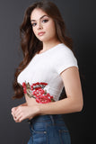 Floral Applique Ribbed Knit Short Sleeve Crop Top