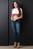 Floral Applique Ribbed Knit Short Sleeve Crop Top