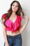 Jersey Knit Ruffle Tier Lace Up Crop Top