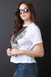 Graphic Print Round Neck Fishnet Insert Distress Top