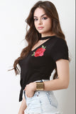 Floral Applique Knotted Hem Cut Out Yoke Crop Top