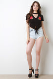 Floral Applique Knotted Hem Cut Out Yoke Crop Top