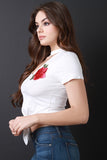 Floral Applique Knotted Hem Cut Out Yoke Crop Top
