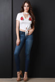 Floral Applique Knotted Hem Cut Out Yoke Crop Top