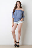 Off The Shoulder Crochet Mesh Three Quarter Sleeve Top