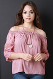 Off The Shoulder Crochet Mesh Three Quarter Sleeve Top