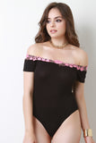 Ribbed Knit Off The Shoulder Floral Applique Bodysuit