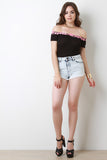 Ribbed Knit Off The Shoulder Floral Applique Bodysuit