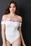 Ribbed Knit Off The Shoulder Floral Applique Bodysuit