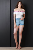 Ribbed Knit Off The Shoulder Floral Applique Bodysuit