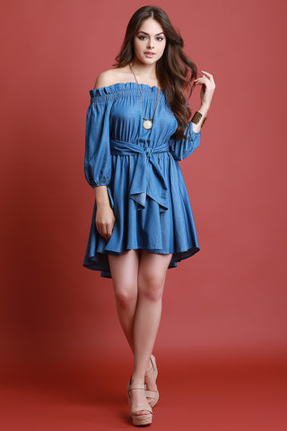 Chambray Off The Shoulder Waist Tie High Low Dress