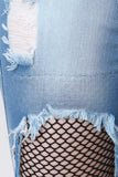 Destroyed Denim Fishnet-Inset Fray Hem Capri Jeans