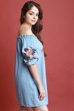 Floral Embroidery Bardot Chambray Shift Dress