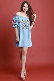 Floral Embroidery Bardot Chambray Shift Dress